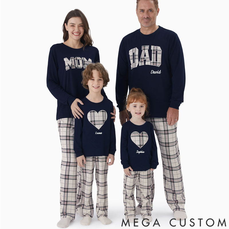 Personalized Custom Name Family Matching School Grid Letter Print Patch Long Sleeve Pajamas Sets for Family