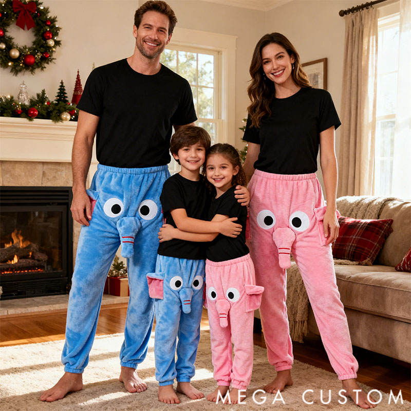 Personalized Quirky and Fun Elephant Pajamas Pants with Customized Names Gift for the whole Family.
