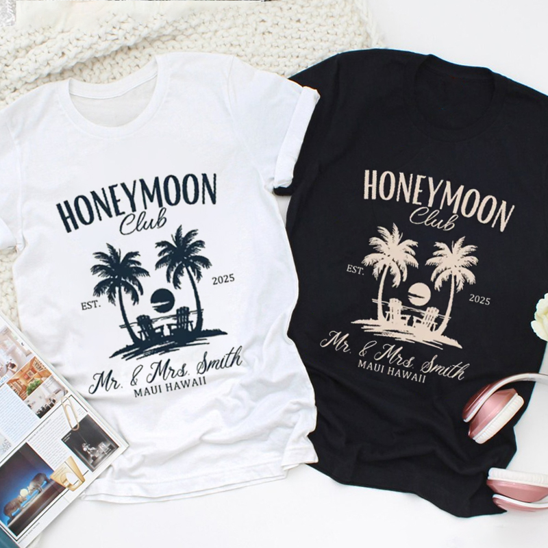 Personalized Vintage Tropical Honeymoon Club with Sunset Matching Honeymoon Couple Classic T-Shirt