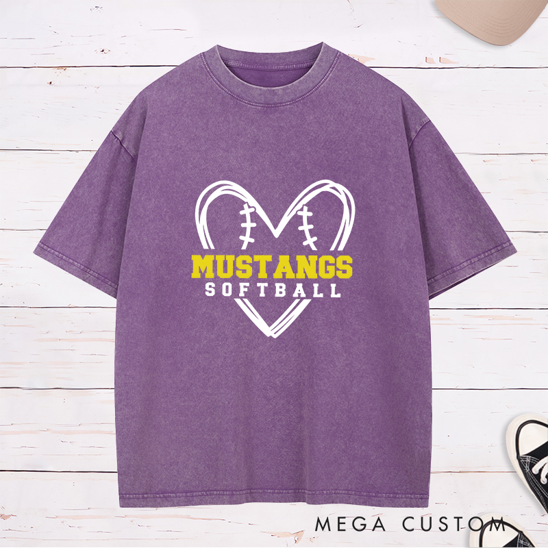 Personalized Softball Washed T-Shirt Design Featuring Heart-Shaped Softball Stitch Graphic with Custom Team Name in Bold Text and Softball Label in Clean Font
