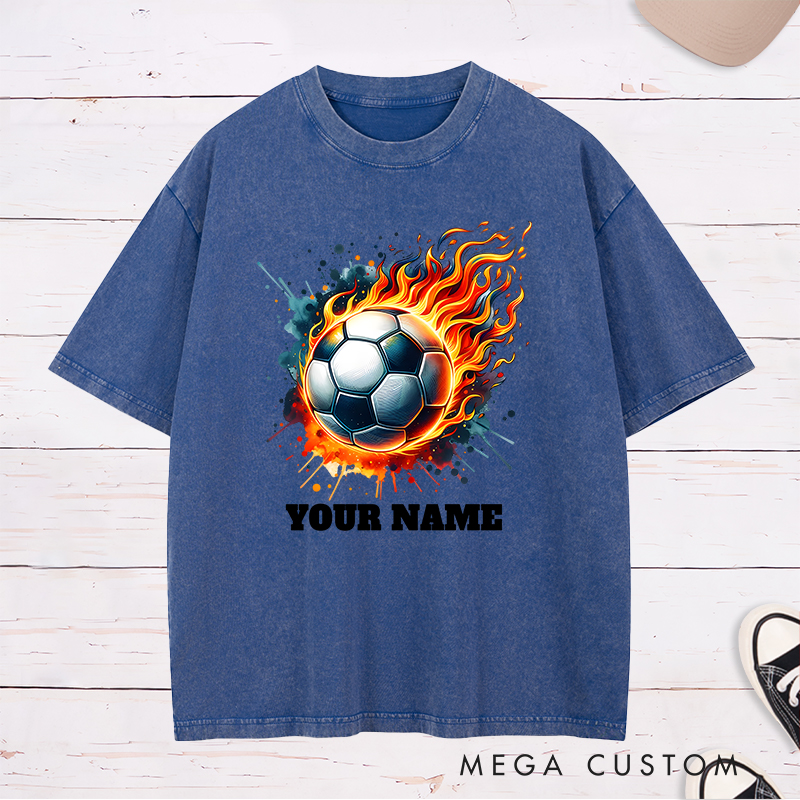 Personalized Flaming Soccer Ball Washed T-Shirt with Custom Name  