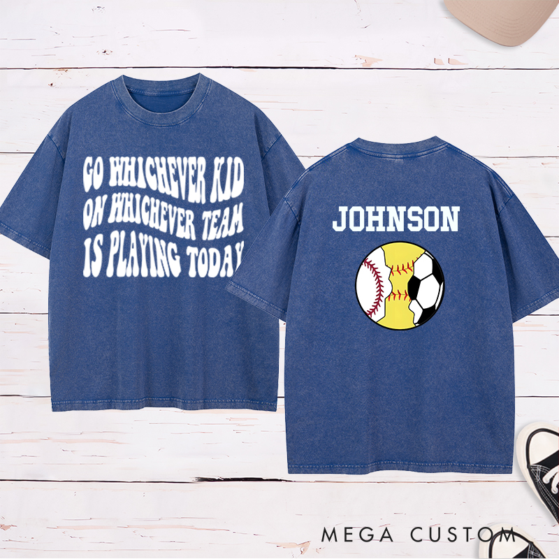 Personalized Sports Washed T-Shirt Featuring Baseball, Soccer, and Softball Graphics with Customizable Back