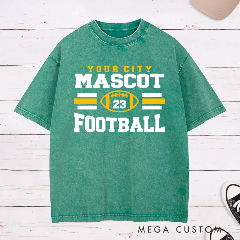 Personalized American Football Washed T-Shirts Featuring Custom Mascot, City and Number