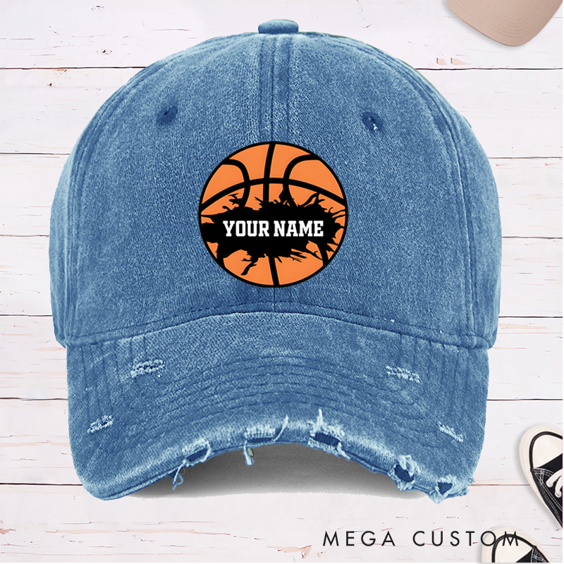 Personalized Distressed Denim Basketball Cap with Custom Name and Skyline Basketball Design