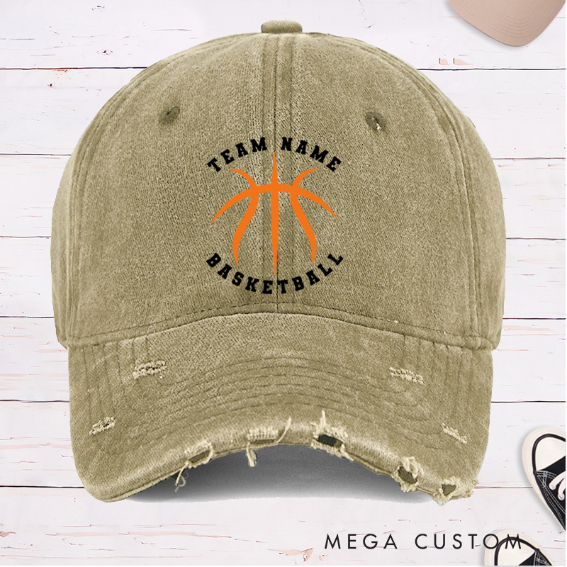 Personalized Distressed Denim Basketball Cap with Custom Team Name and Basketball Graphic Design