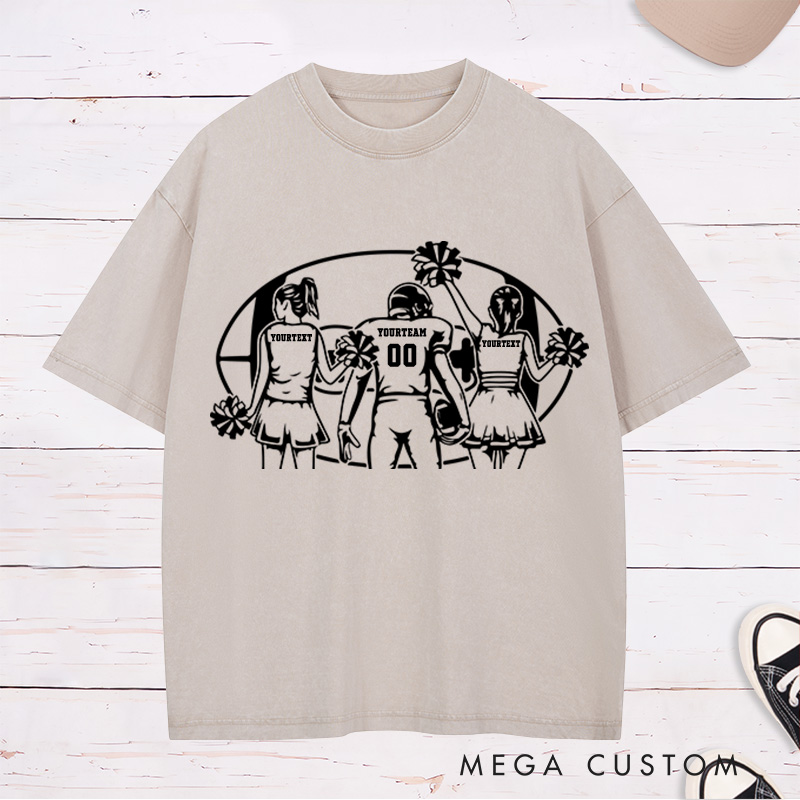 Personalized American Football Cheerleader Washed T-Shirts with Custom Player and 2 Cheerleader Name and Number