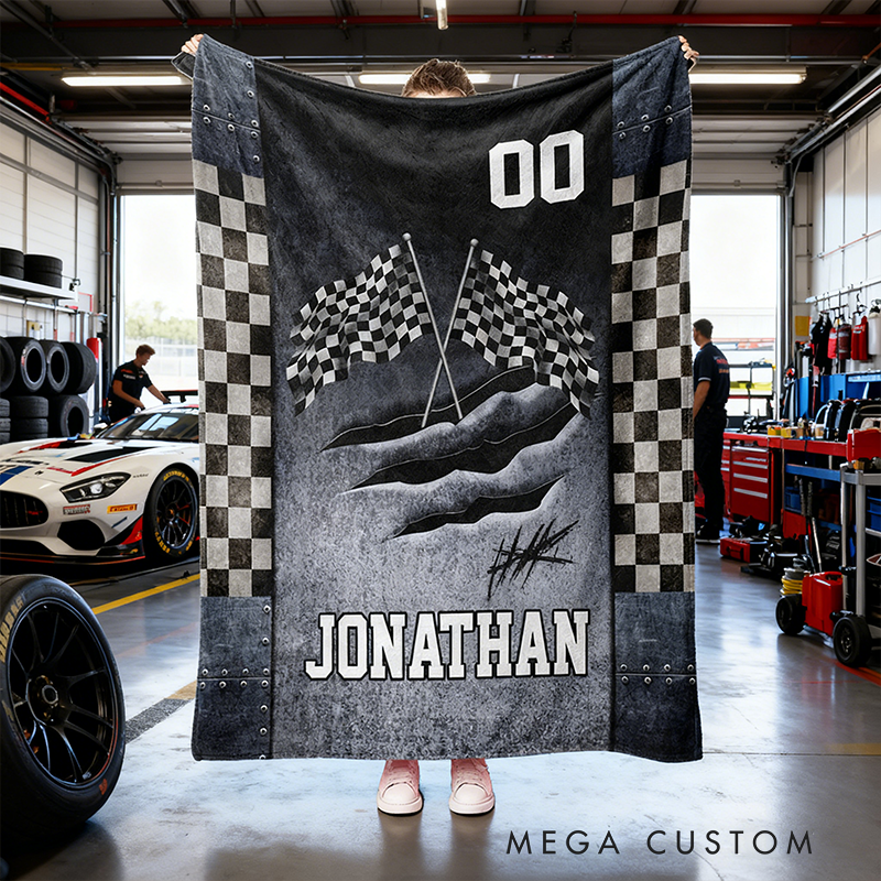Personalized Racing Chckered Blanket Custom Name Throw Blanket Gift for Racers and Racing Lovers