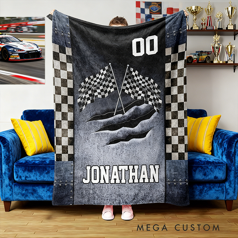 Personalized Racing Chckered Blanket Custom Name Throw Blanket Gift for Racers and Racing Lovers