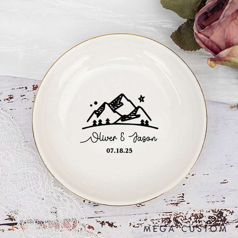 Personalized Adventure-Inspired Mountain Under the Night Sky Wedding Engagement Gold-Trimmed Ring Dishes