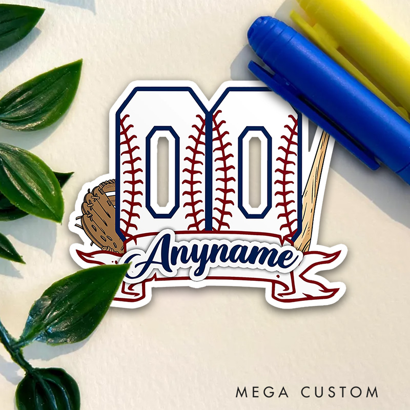 Personalized Baseball Graphic Sticker with Bold Number and Bat, Glove Graphics 
