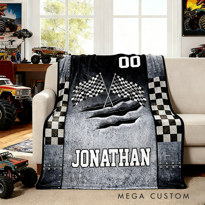 Personalized Racing Chckered Blanket Custom Name Throw Blanket Gift for Racers and Racing Lovers