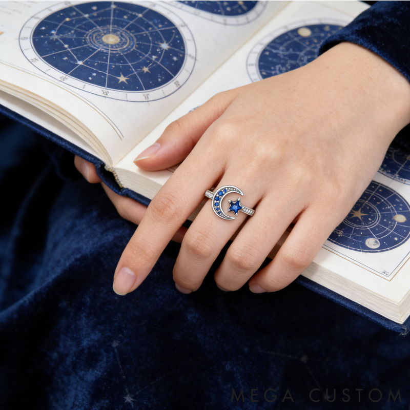 Personalized Moon and Star Birthstone Ring with Custom Engraving, Elegant Sterling Silver Jewelry for Meaningful Romantic Gifts