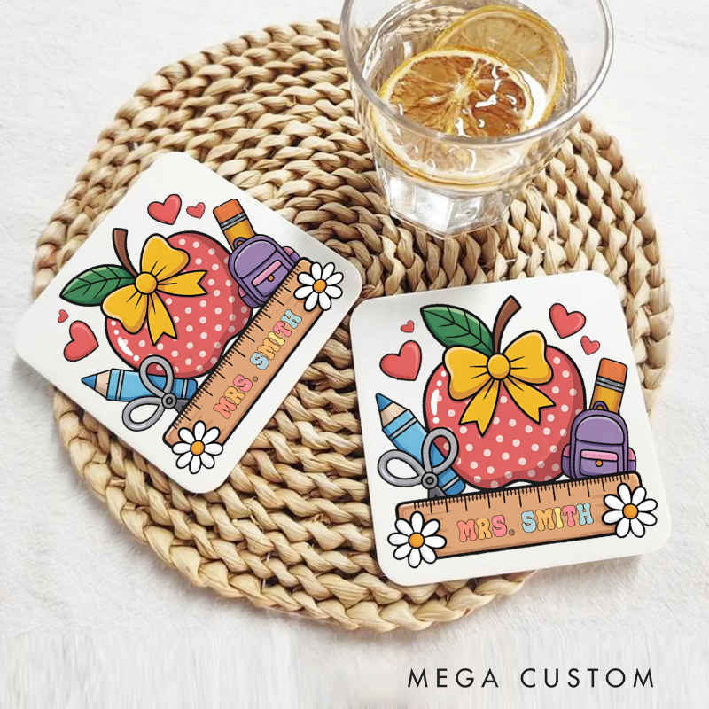Personalized Coasters for Teachers Apple Bow Appreciation Gift for Teachers