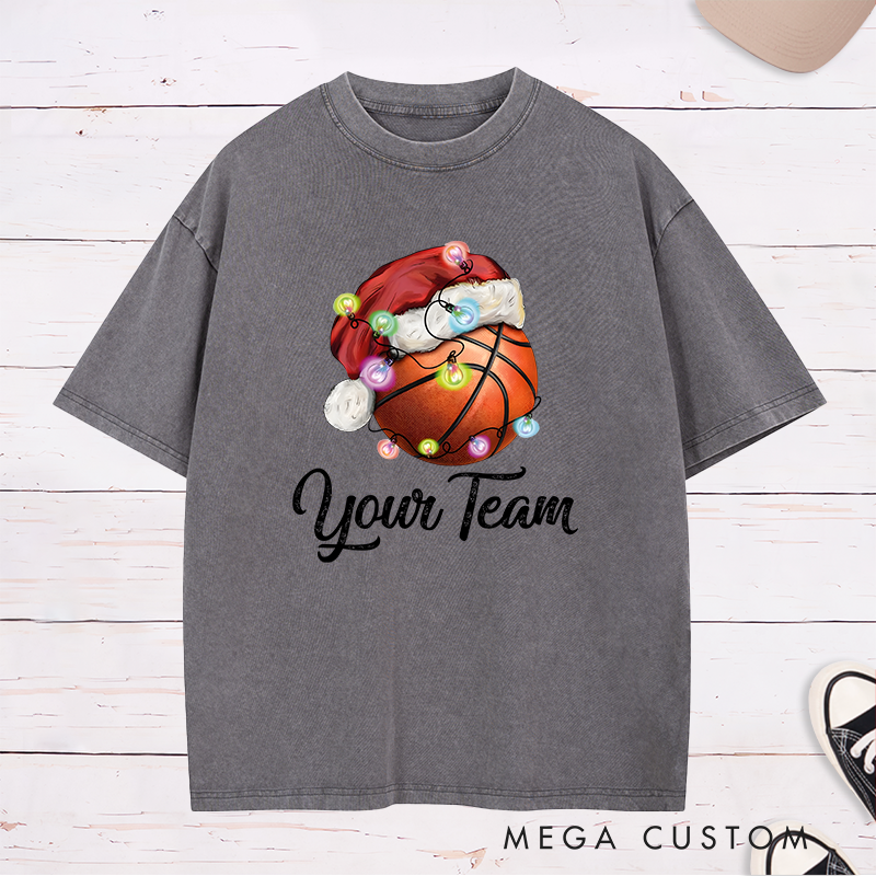 Personalized Festive Washed T-Shirt with Custom Team Name and Basketball Santa Hat Design