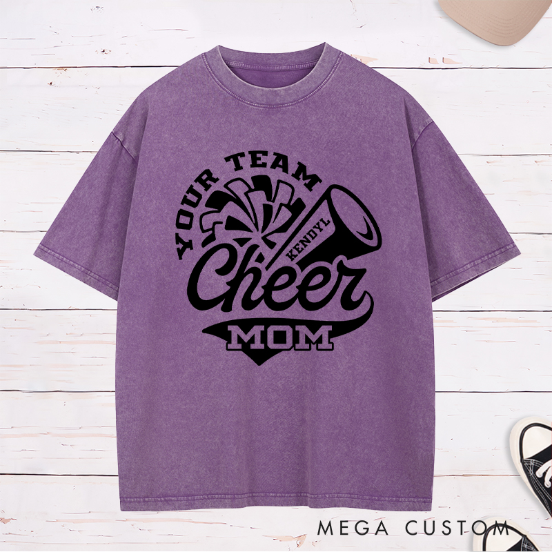Personalized Cheer Mom Washed T-Shirts Featuring Custom Team Name and Player Name on the Front for Game Day Spirit
