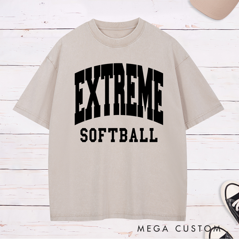 Personalized Customizable Team Softball Washed T-Shirt Design Featuring Bold Team Name Text and Black Softball Lettering for a Sporty and Unique Look