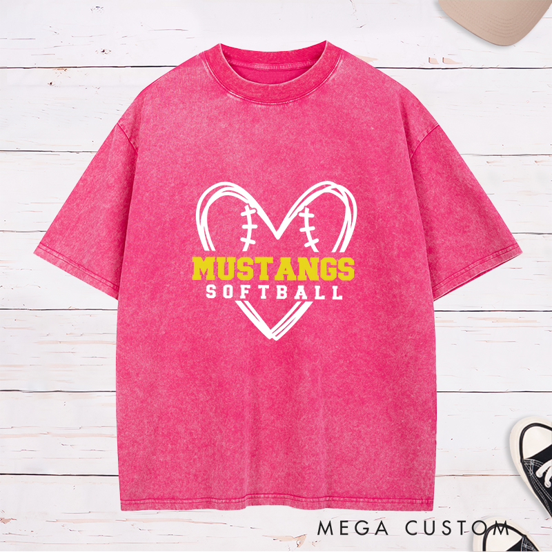 Personalized Softball Washed T-Shirt Design Featuring Heart-Shaped Softball Stitch Graphic with Custom Team Name in Bold Text and Softball Label in Clean Font