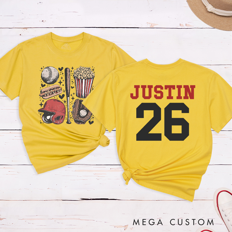 Personalized Sports Fan Tee with Baseball-Themed Graphics and Custom Text