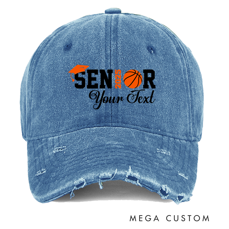 Personalized Distressed Denim Baseball Cap with Senior 2025 Graduation and Basketball Design