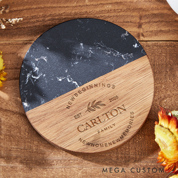 Personalized Coasters Wedding Housewarming Gift Custom Marble and Wood Coaster New Beginnings New Home New Memories Engagement Gift for Couple