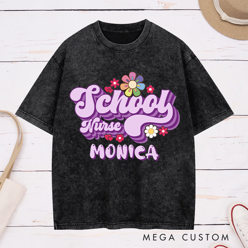 Personalized Nurse Washed T-Shirt Customized School Nurse Retro Floral Design Washed T-Shirt 