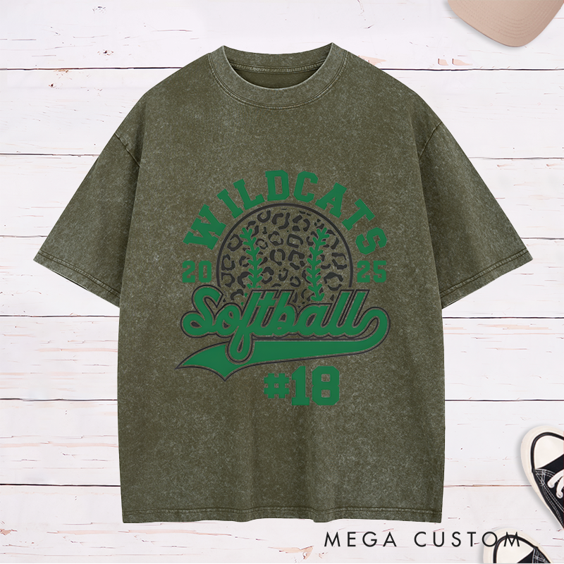 Personalized Customizable Softball Team Washed T-Shirt Design Featuring Bold Arched Team Name Leopard Print Softball Graphic Stylized Script Text for Softball and Custom Player Number
