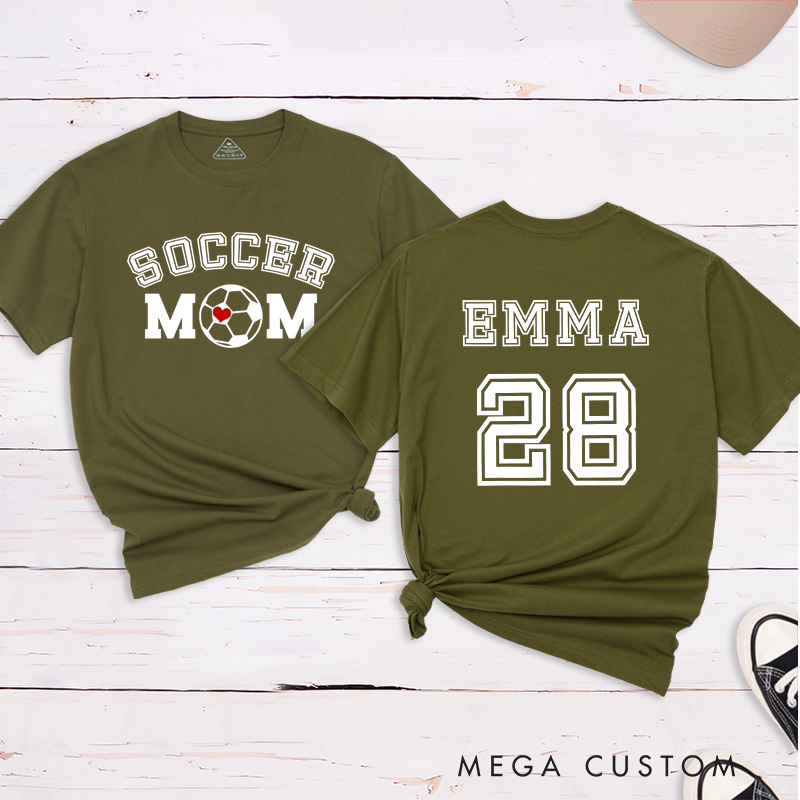 Personalized Soccer Mom T-Shirt with Custom Name, Number, and Bold Graphic Design