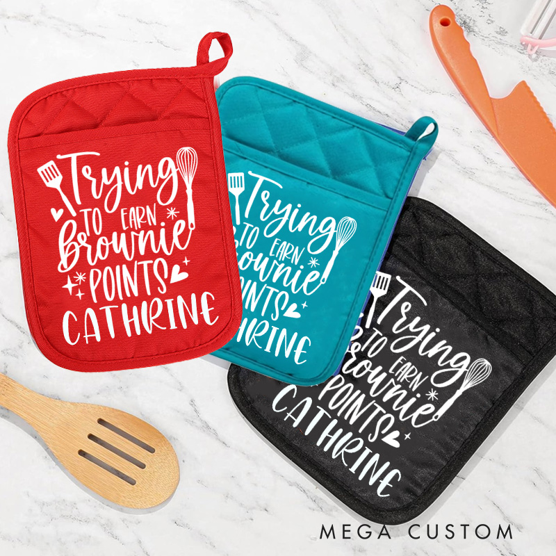 Personalized Trying to Earn Brownie Points Pot Holders Custom Potholder with Name Baking Lovers Gift Baker Gift