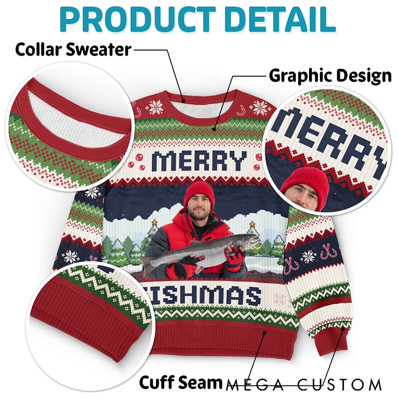 Personalized Merry Fishmas Ugly Sweater Fishing Ugly Christmas Sweater with Photo Funny Gift for Anglers Festive Holiday Fishing Apparel