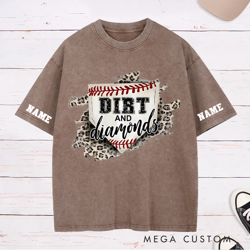 Personalized "Dirt and Diamonds" Baseball Washed T-Shirt with Custom Name and Number