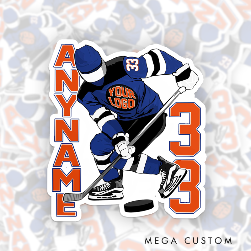 Personalized Hockey Sticker with Custom Text and Action-Packed Design