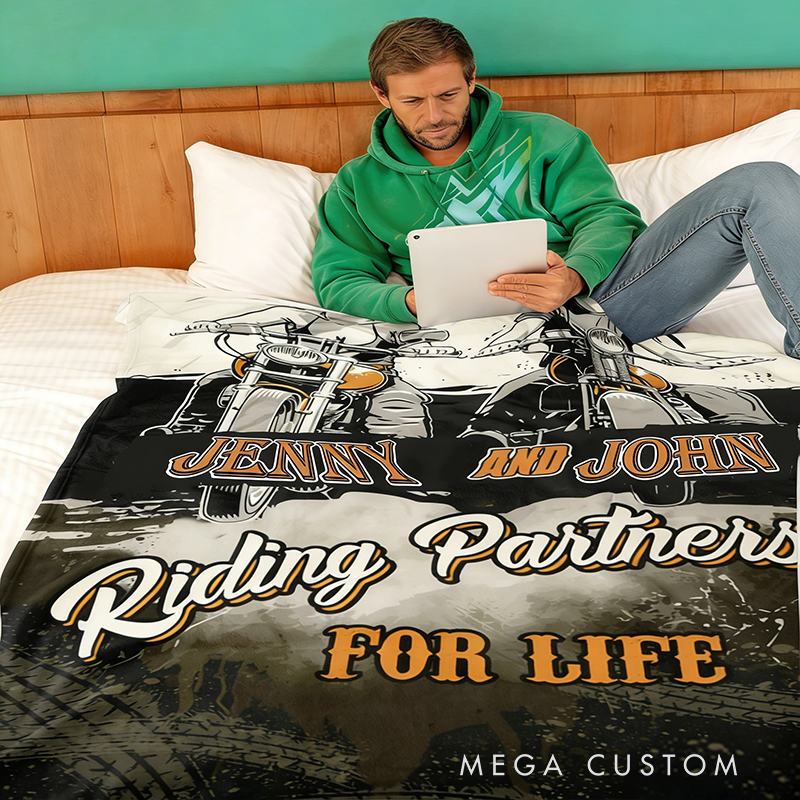 Personalized Couple Riding Partners for Life Blanket Gift for Motorcycle Lovers