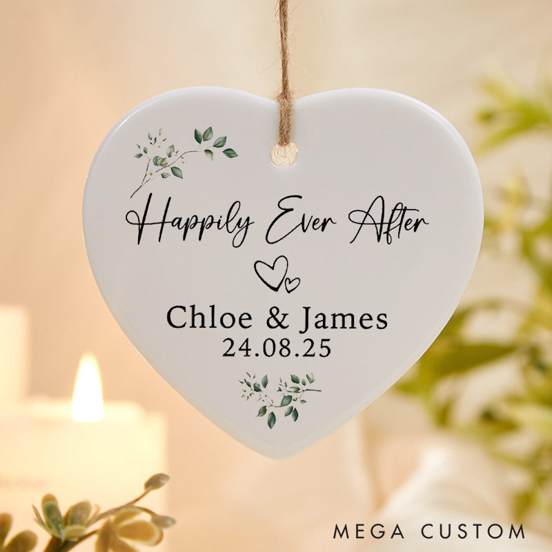 Personalized Happily Ever After Wedding Ceramic Heart Shape Ornament