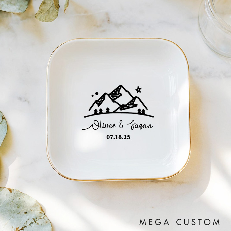 Personalized Adventure-Inspired Mountain Under the Night Sky Wedding Engagement Gold-Trimmed Ring Dishes
