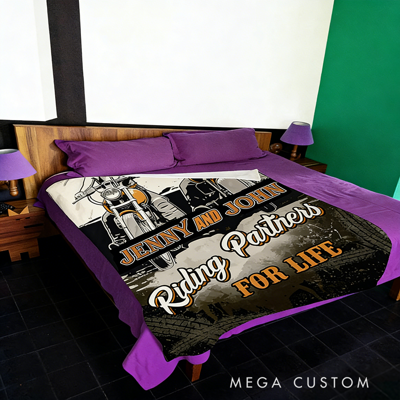 Personalized Couple Riding Partners for Life Blanket Gift for Motorcycle Lovers
