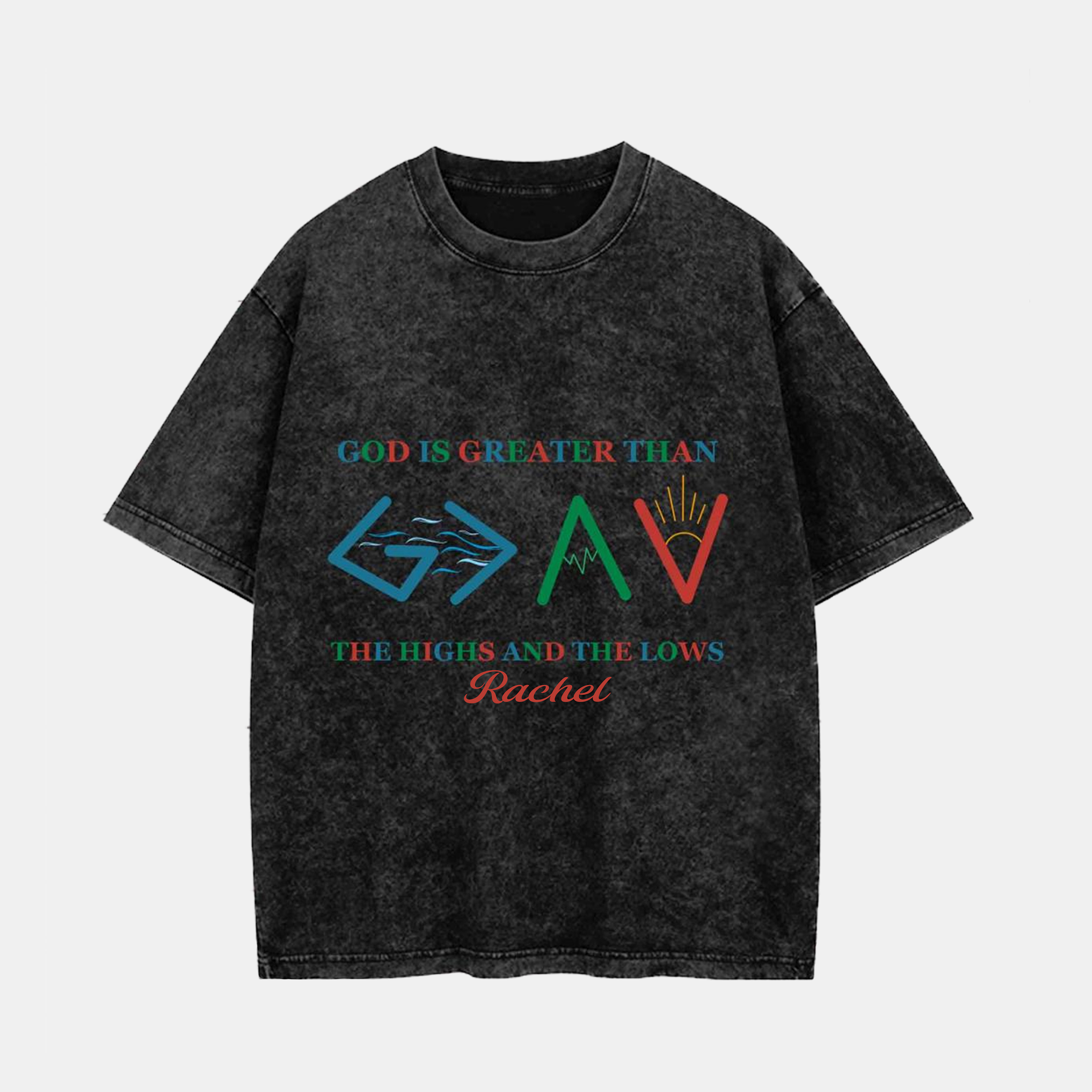 Personalized Character Bible Verse God Is Greater Than the Highs and The Lows Washed T-Shirt with Name Birthday Easter Gift for Christian