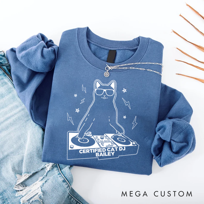Personalized Classic Sweatshirts Funny Cat DJ Turntable Sweatshirt