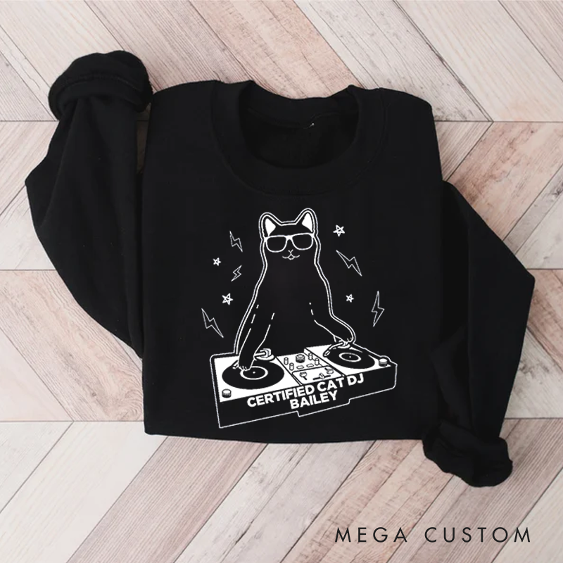 Personalized Classic Sweatshirts Funny Cat DJ Turntable Sweatshirt
