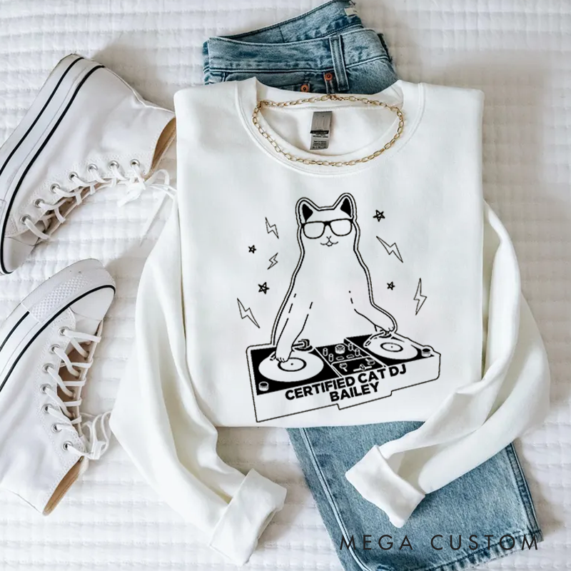 Personalized Classic Sweatshirts Funny Cat DJ Turntable Sweatshirt