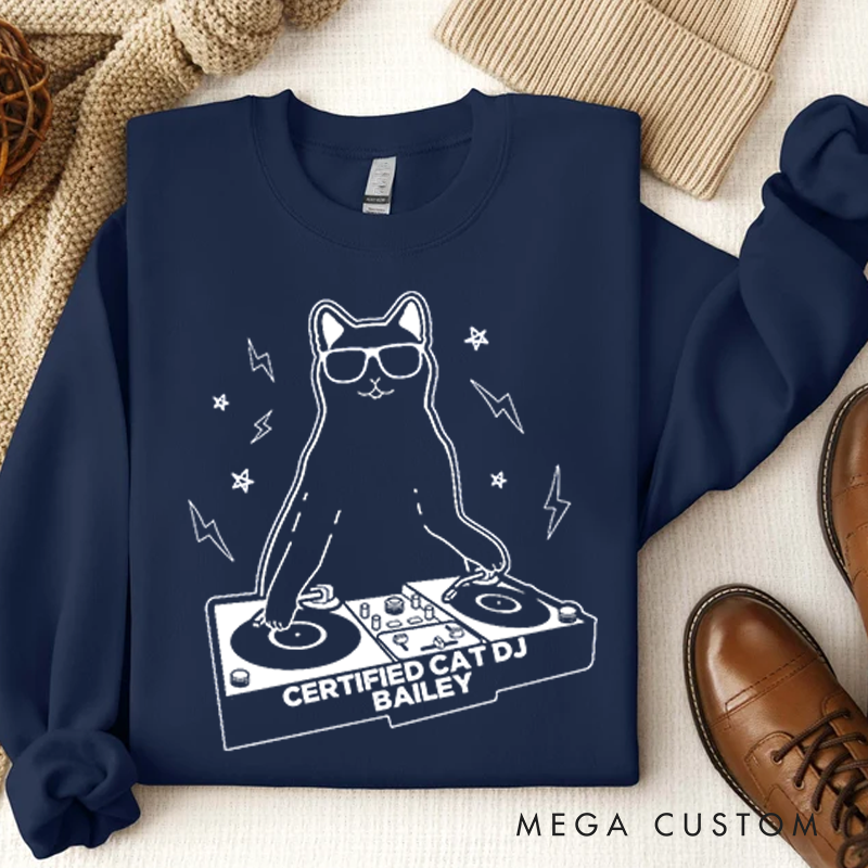 Personalized Classic Sweatshirts Funny Cat DJ Turntable Sweatshirt