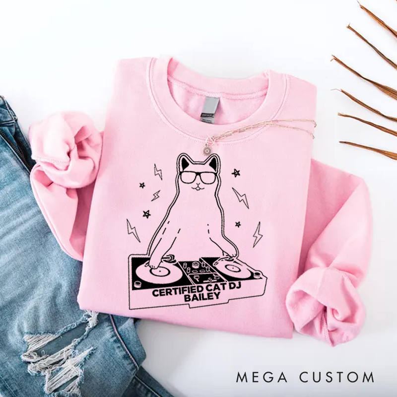 Personalized Classic Sweatshirts Funny Cat DJ Turntable Sweatshirt
