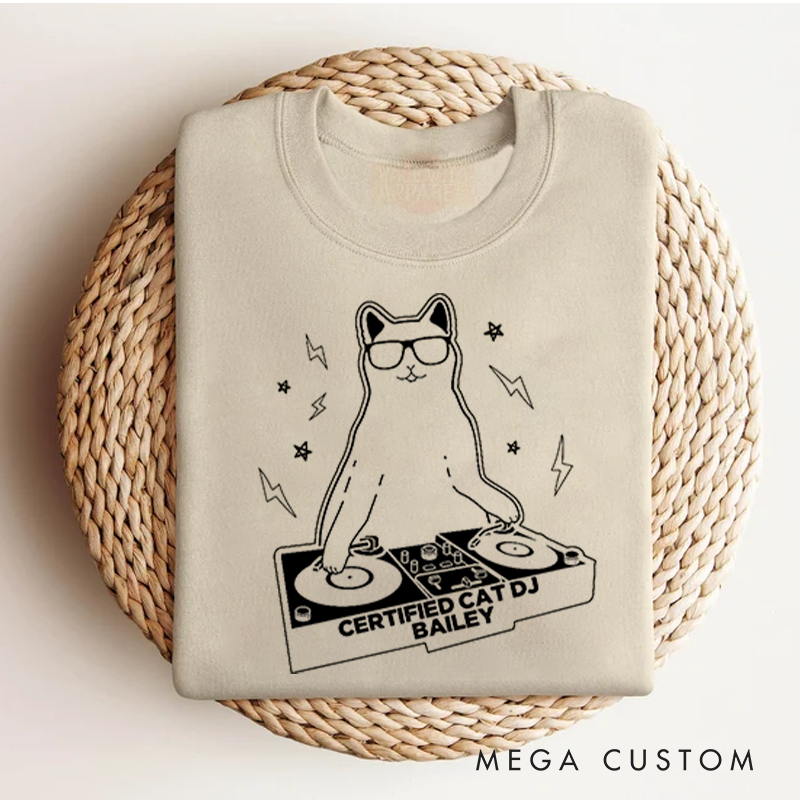 Personalized Classic Sweatshirts Funny Cat DJ Turntable Sweatshirt