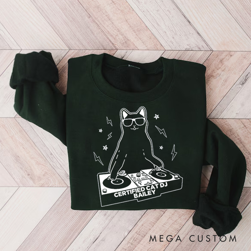 Personalized Classic Sweatshirts Funny Cat DJ Turntable Sweatshirt