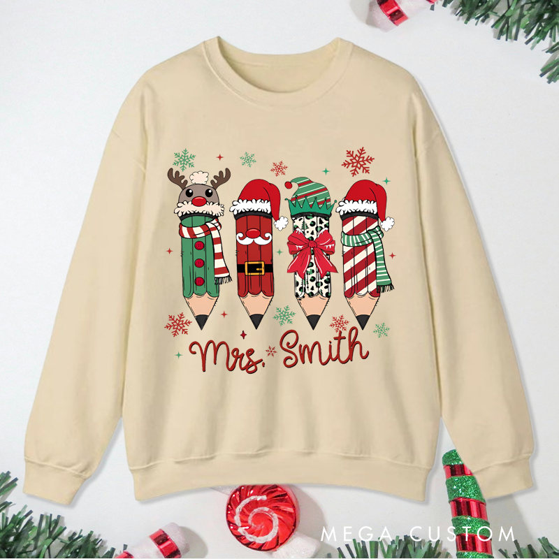 Personalized Teacher Christmas Sweatshirt Cute Christmas Pencil Sweatshirt Perfect Christmas Gift for Teachers