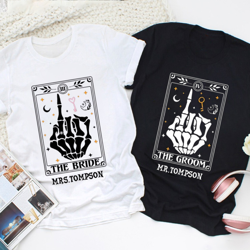 Personalized Tarot Card Skeleton Funny Gesture Bride and Groom Wedding Couple Classic T-Shirt