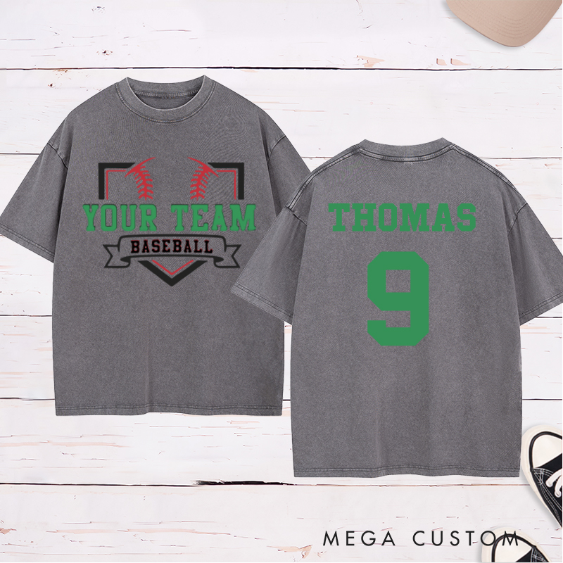 Personalized Team Name Baseball Home Plate Design Washed T-Shirt