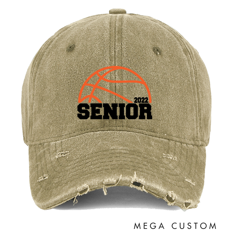 Personalized Distressed Basketball Cap with Senior Year Highlight and Basketball Graphic Design