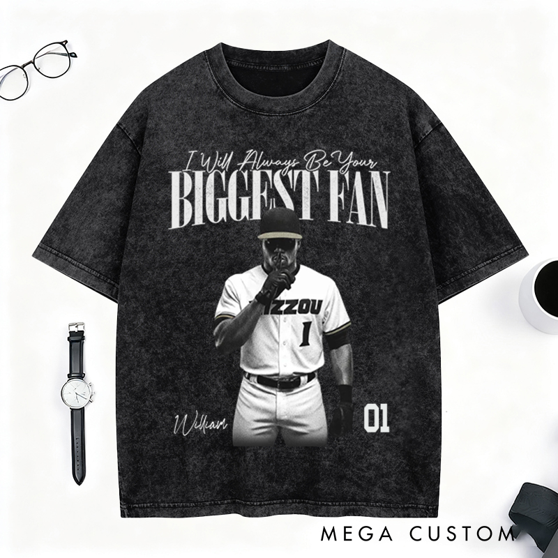 Personalized Biggest Fan Washed T-Shirt with Player Image and Name Customization
