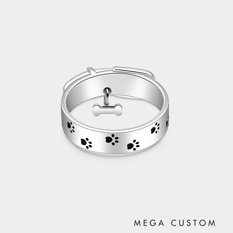 Personalized Custom Dog Collar Ring 925 Sterling Silver Personalized Name Bone Charm Paw Print Pet Lover Gift 925 Sterling Silver Gift for Pet Lover