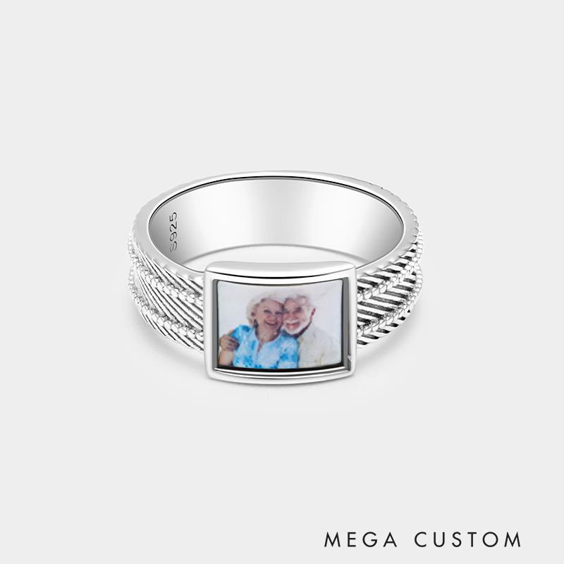 Personalized Sterling Silver Photo Ring – Custom Picture Band with Intricate Textured Design 925 Sterling Silver Gifts for Her